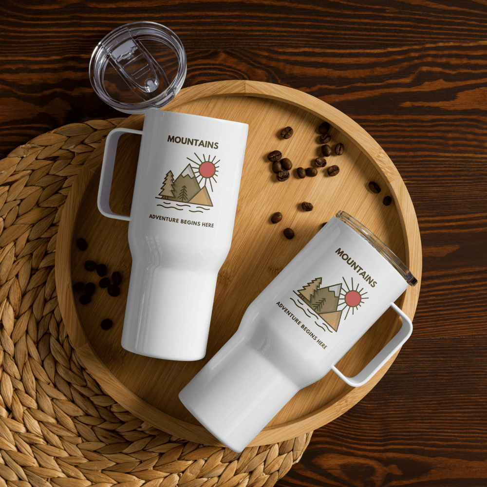 Travel mug with a handle 'Mountains. Adventure begins here'