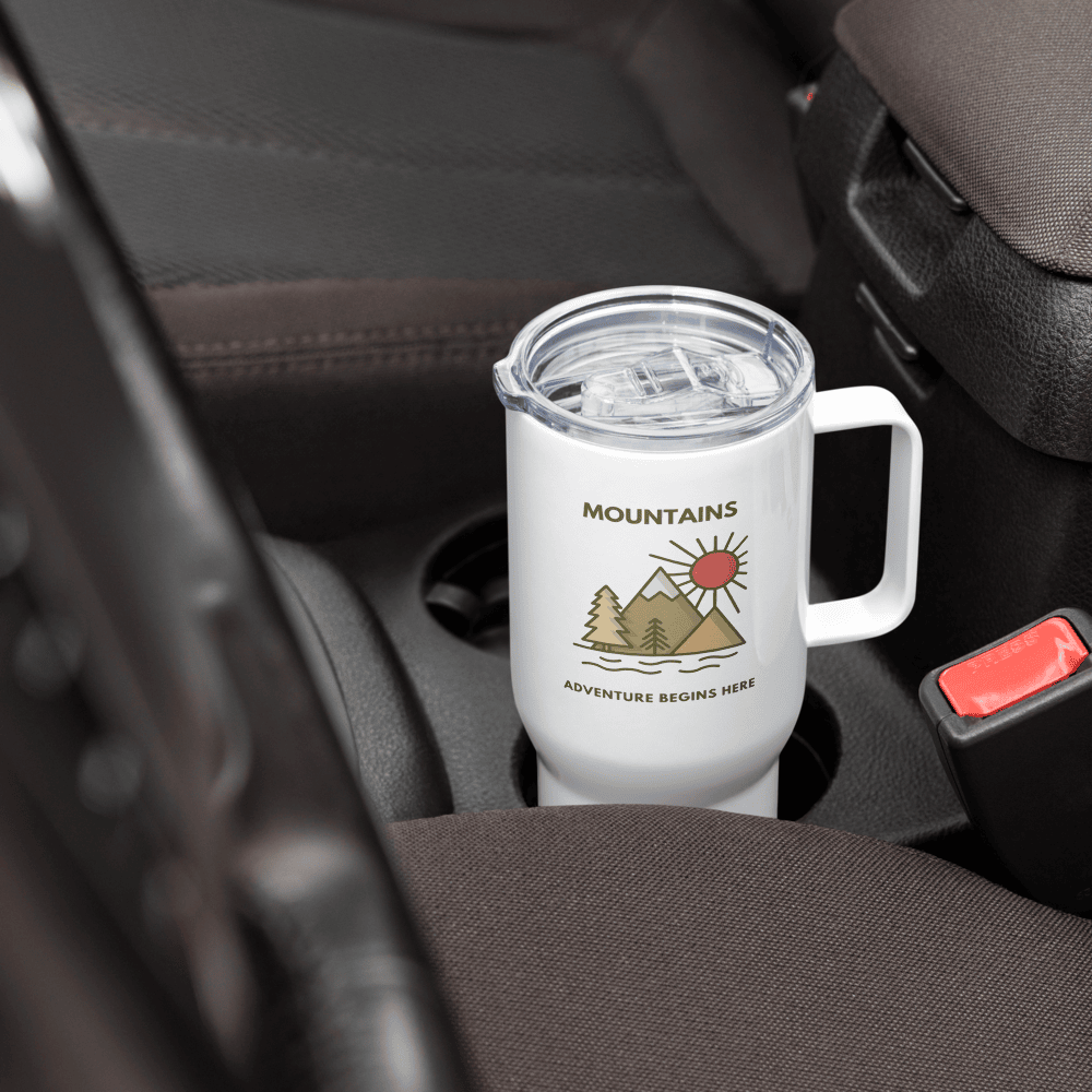 Travel mug with a handle 'Mountains. Adventure begins here'