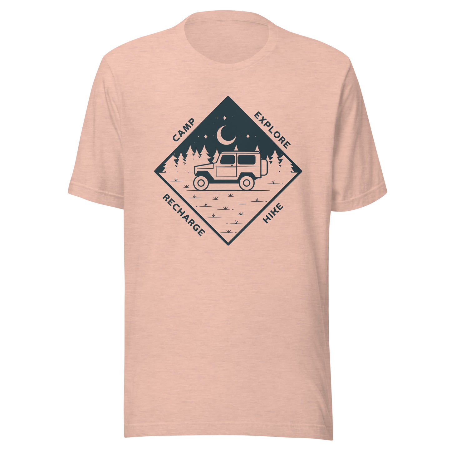 Unisex t-shirt 'Camp. Explore. Hike. Recharge'