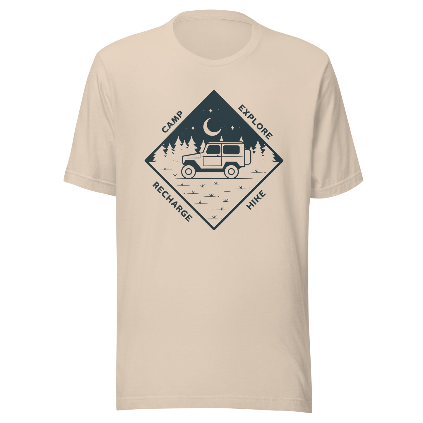 Unisex t-shirt 'Camp. Explore. Hike. Recharge'
