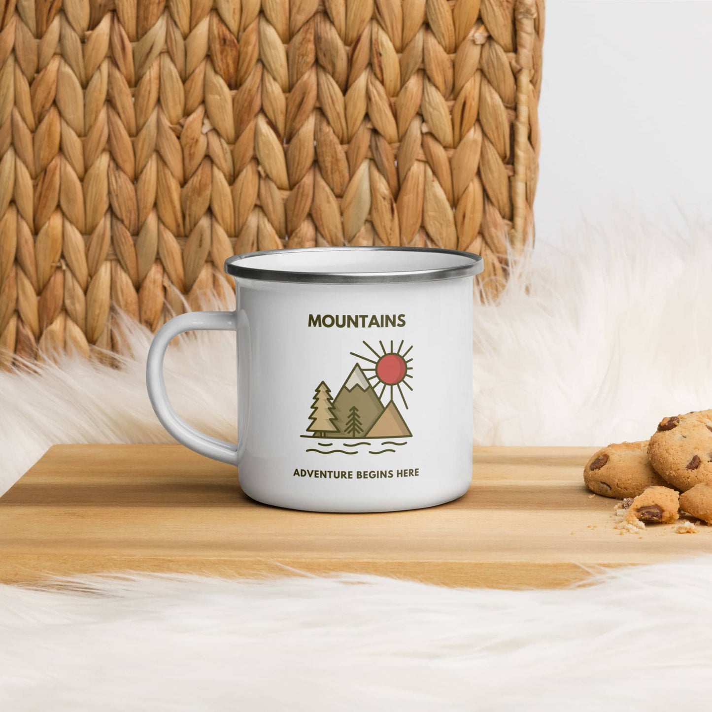 Enamel Mug 'Mountains. Adventure begins here'