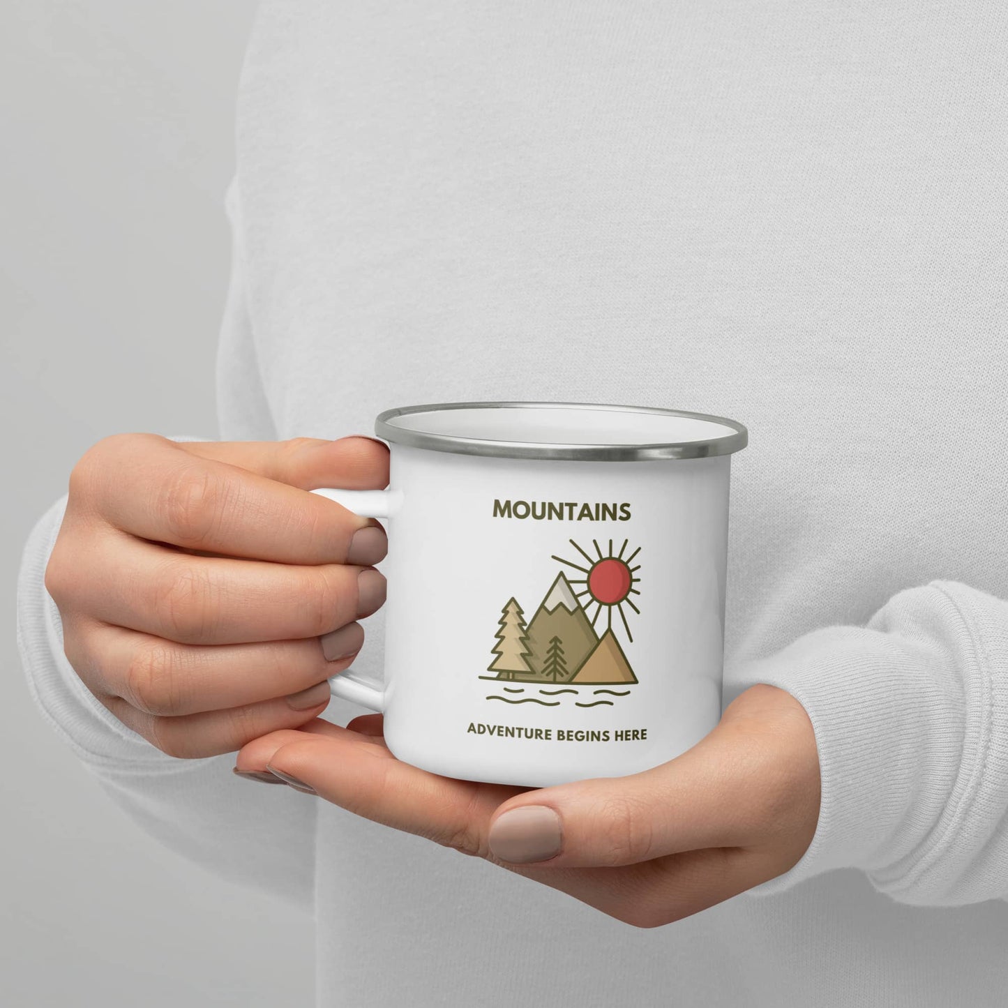 Enamel Mug 'Mountains. Adventure begins here'