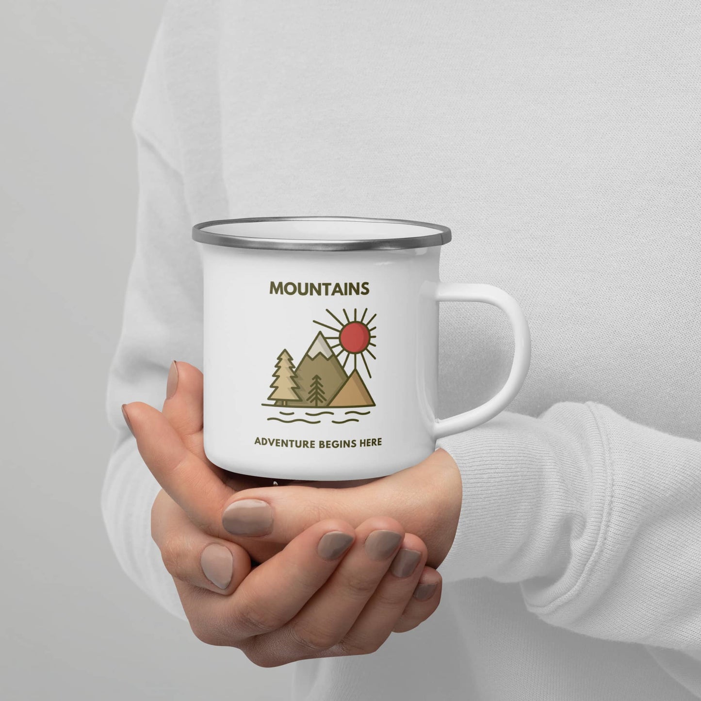 Enamel Mug 'Mountains. Adventure begins here'
