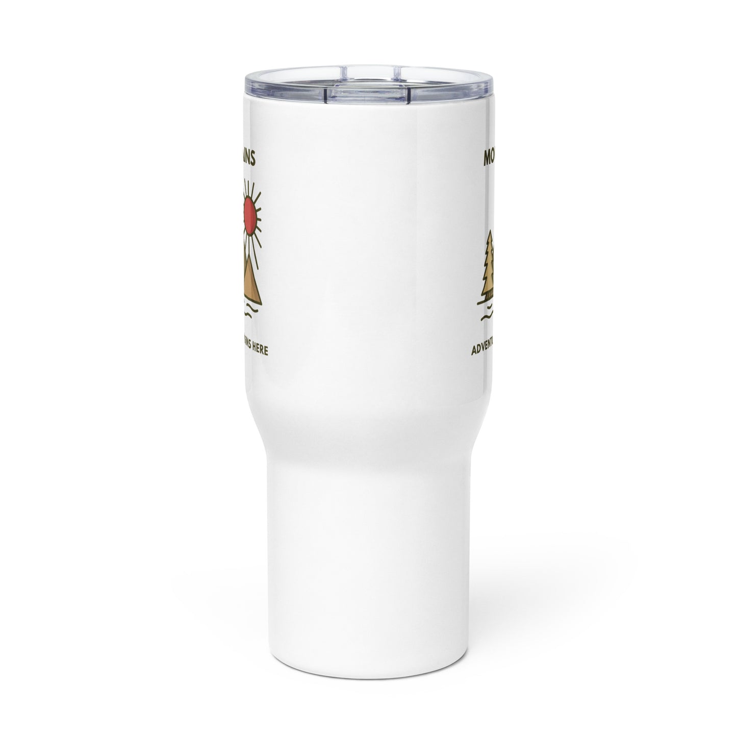 Travel mug with a handle 'Mountains. Adventure begins here'