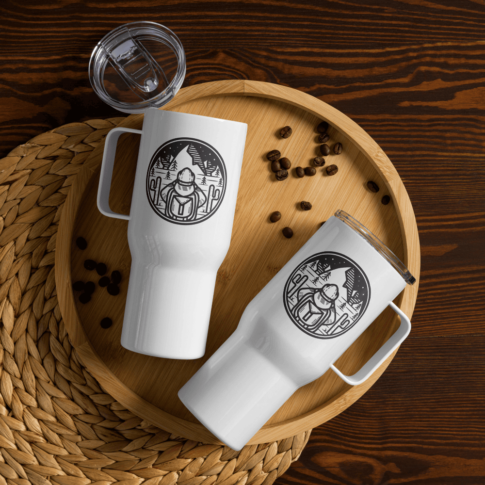 Travel mug with a handle 'Ready to hike'