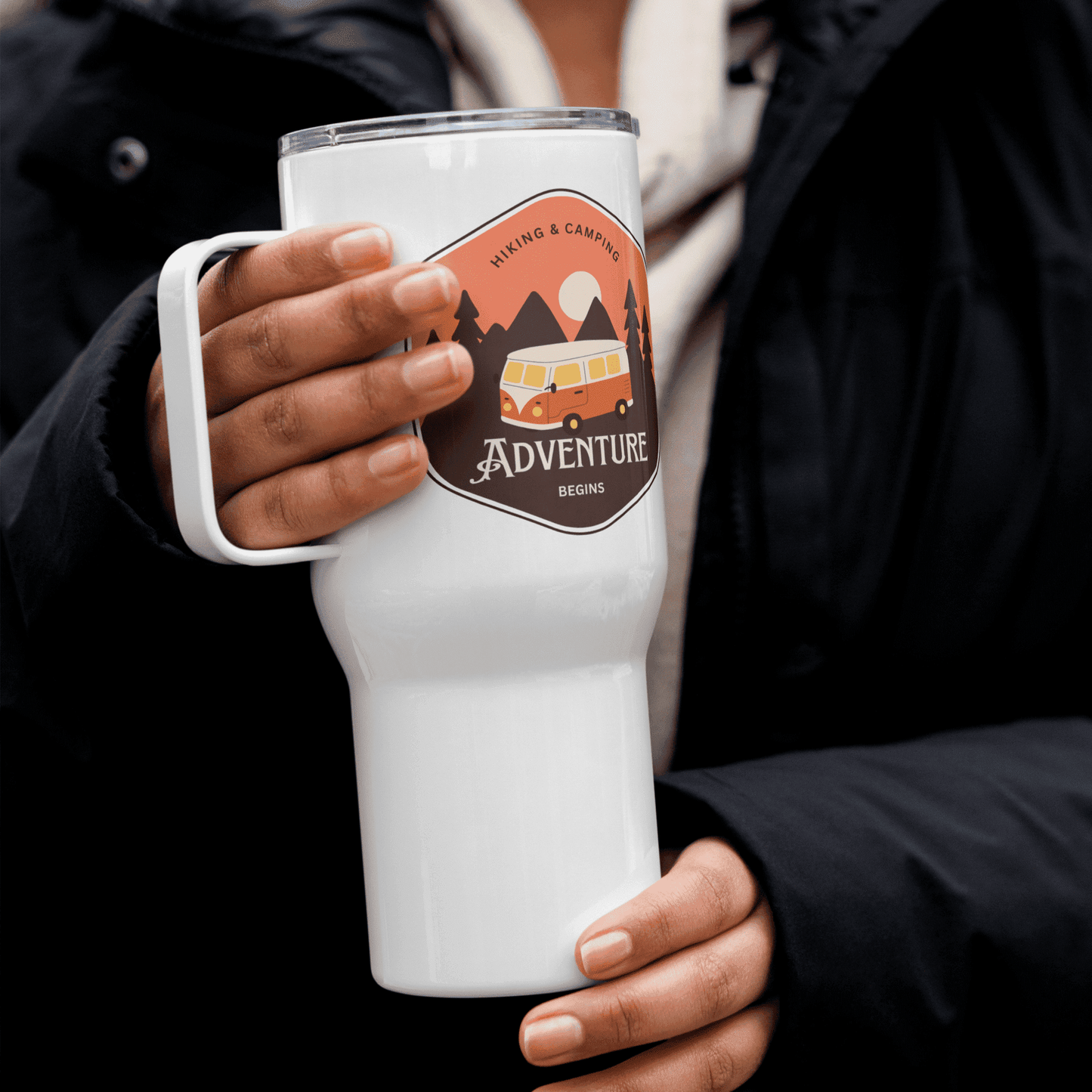 Travel mug with a handle 'Hiking&Camping'