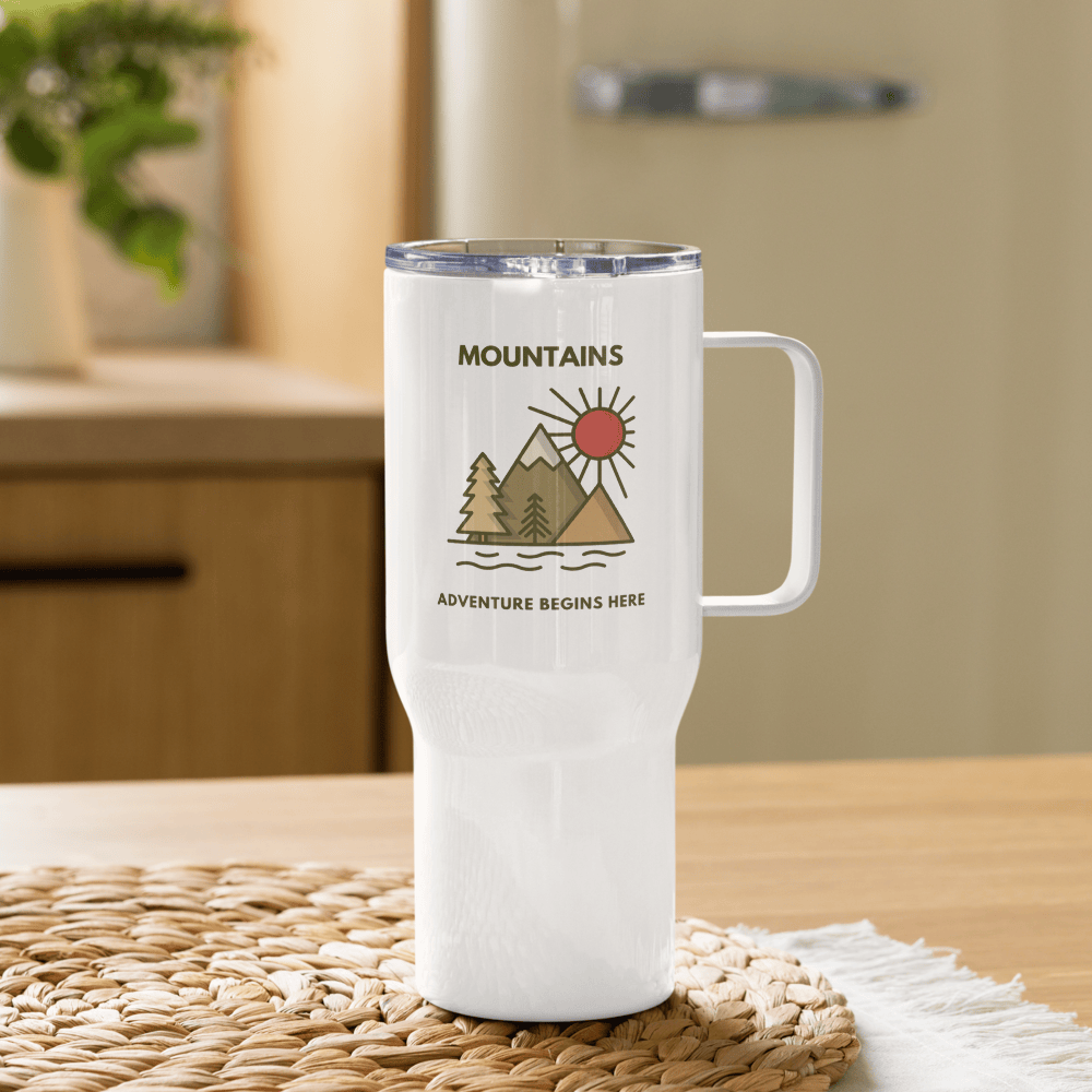Travel mug with a handle 'Mountains. Adventure begins here'