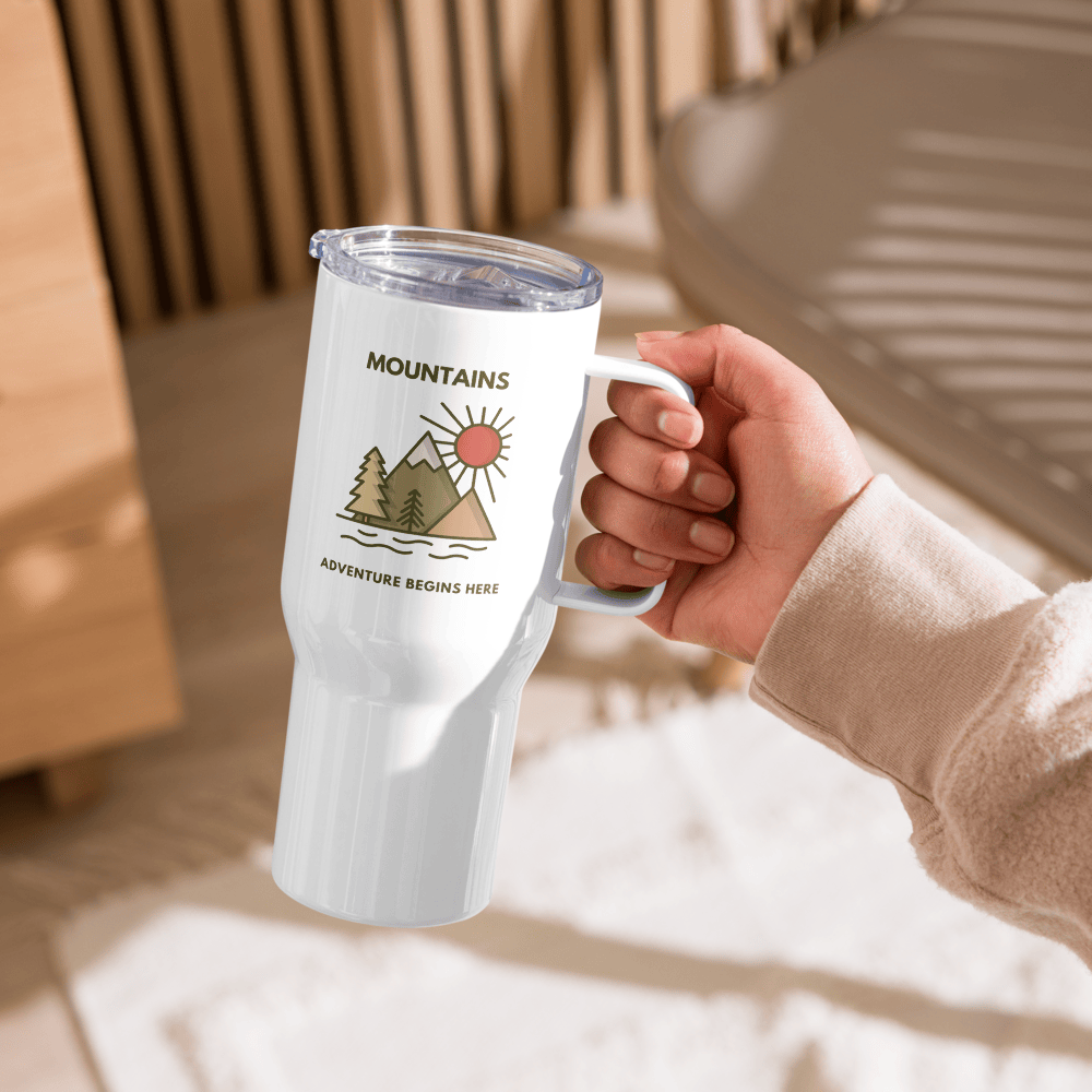 Travel mug with a handle 'Mountains. Adventure begins here'