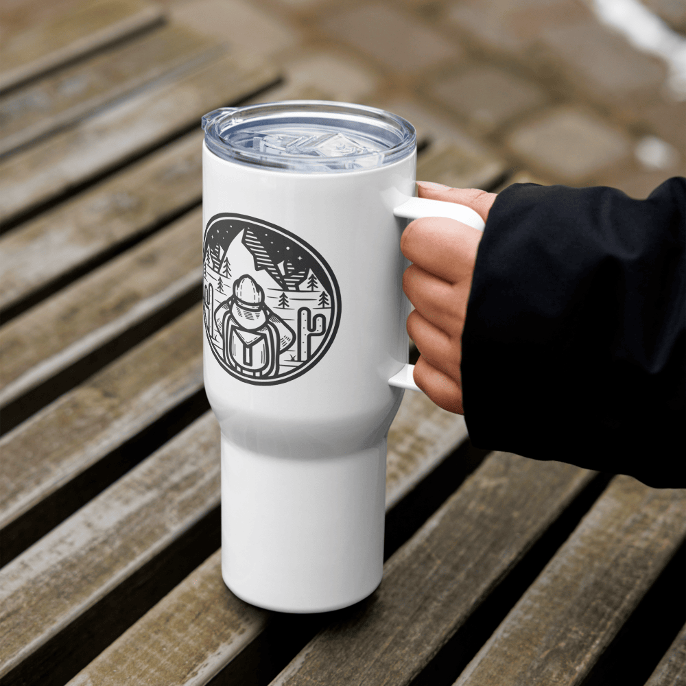 Travel mug with a handle 'Ready to hike'