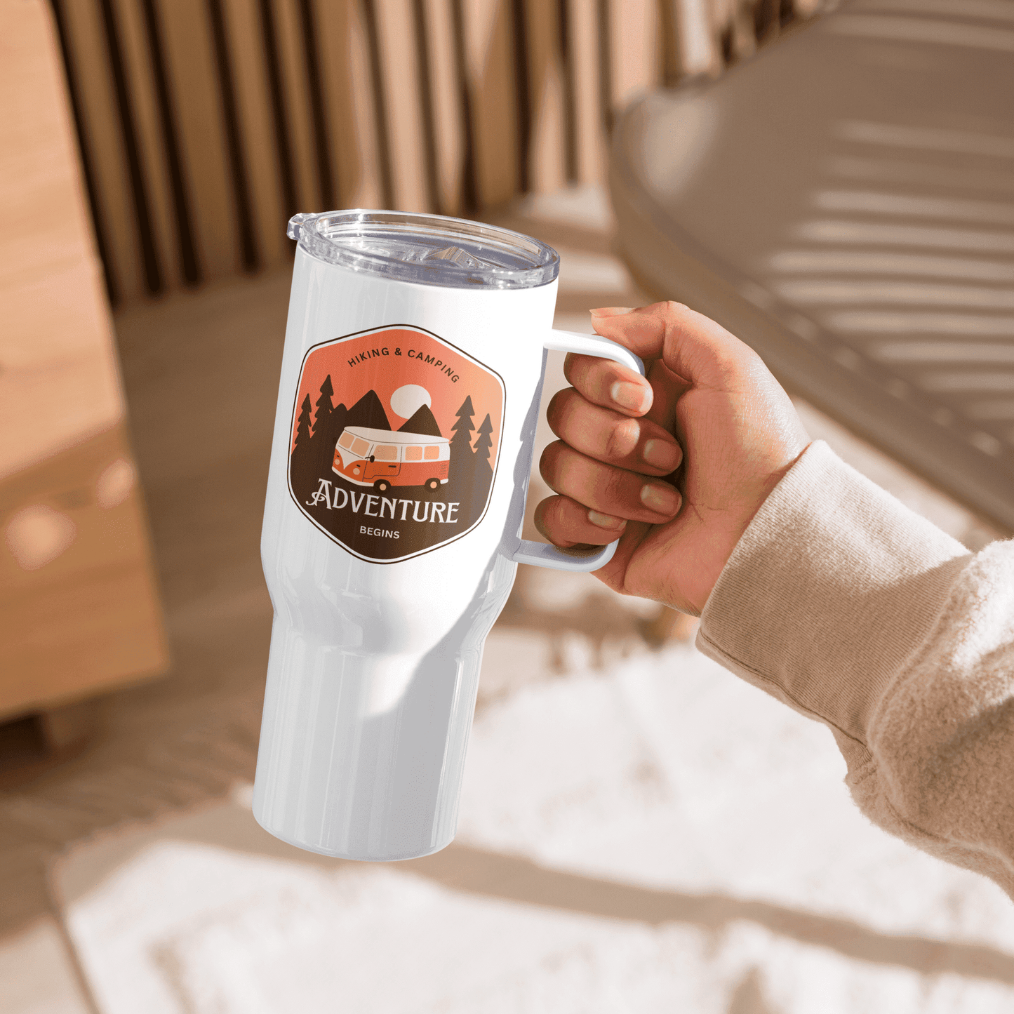 Travel mug with a handle 'Hiking&Camping'