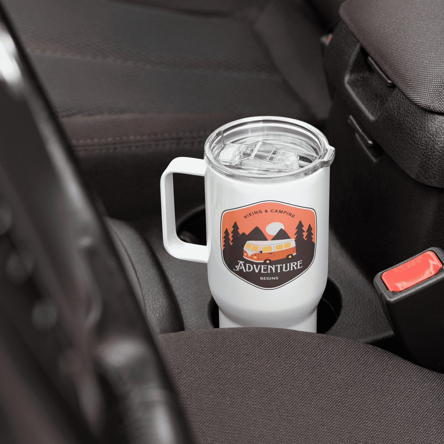 Travel mug with a handle 'Hiking&Camping'