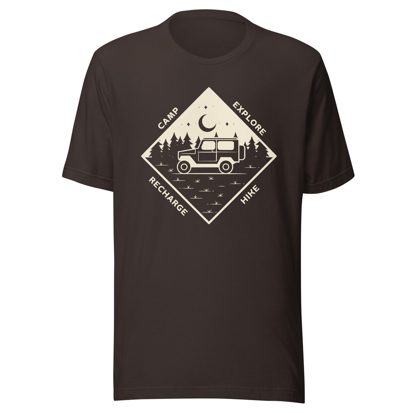 Unisex t-shirt 'Camp. Explore. Hike. Recharge'