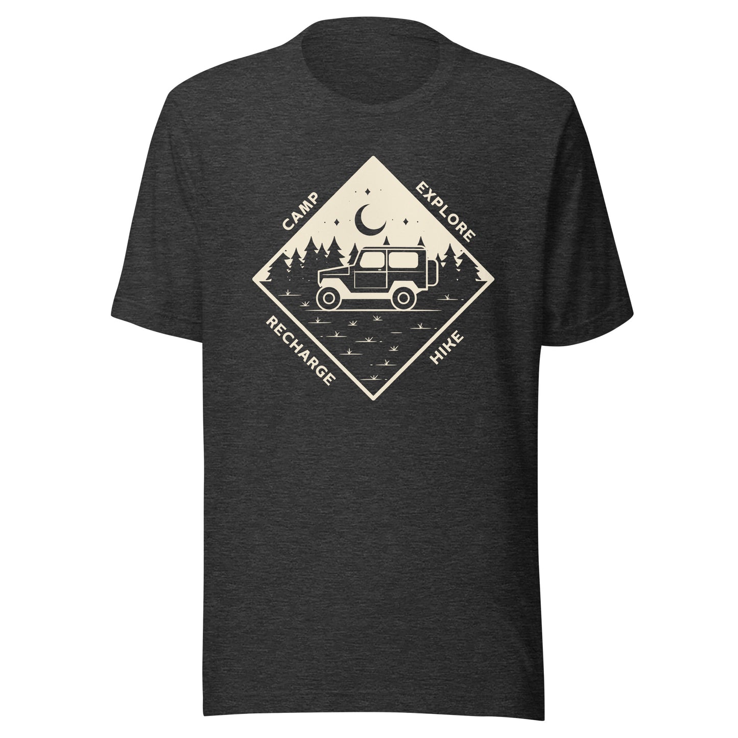 Unisex t-shirt 'Camp. Explore. Hike. Recharge'