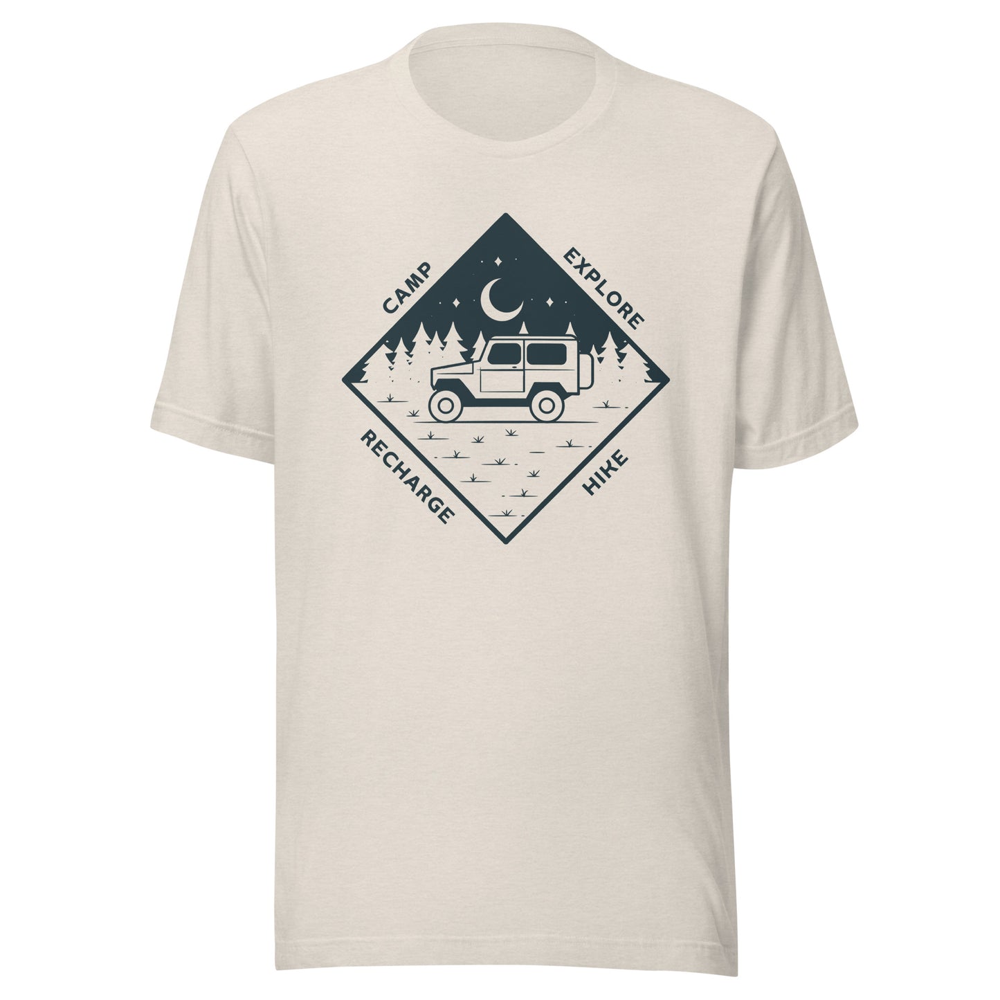 Unisex t-shirt 'Camp. Explore. Hike. Recharge'