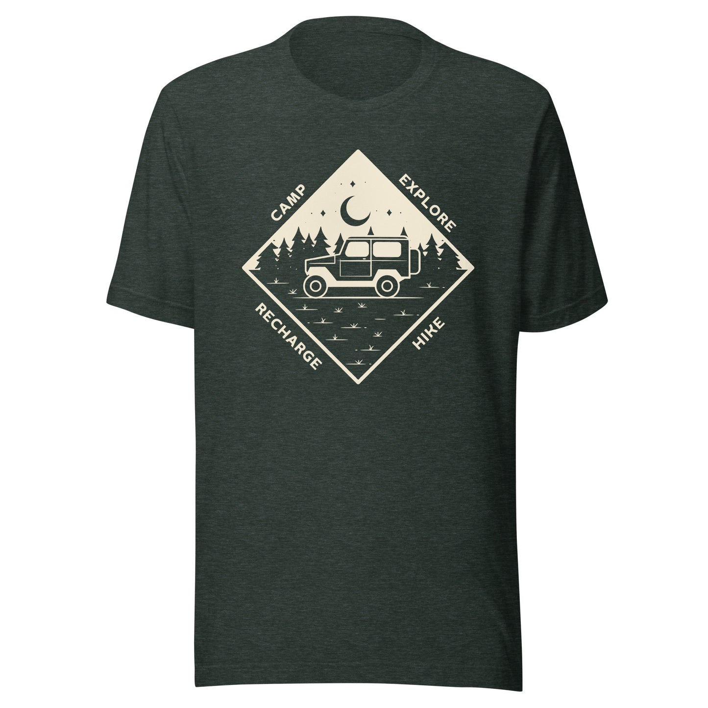 Unisex t-shirt 'Camp. Explore. Hike. Recharge'