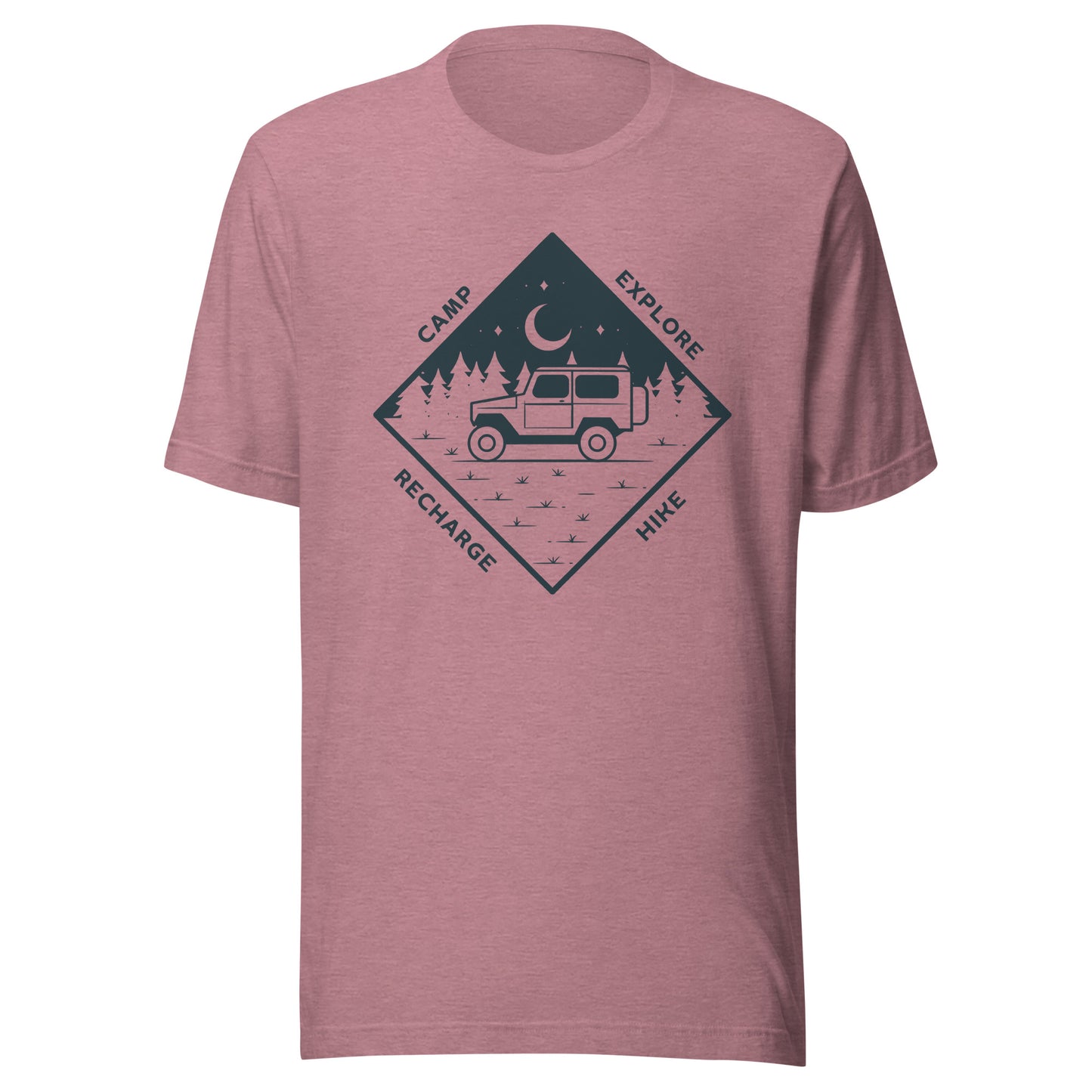 Unisex t-shirt 'Camp. Explore. Hike. Recharge'