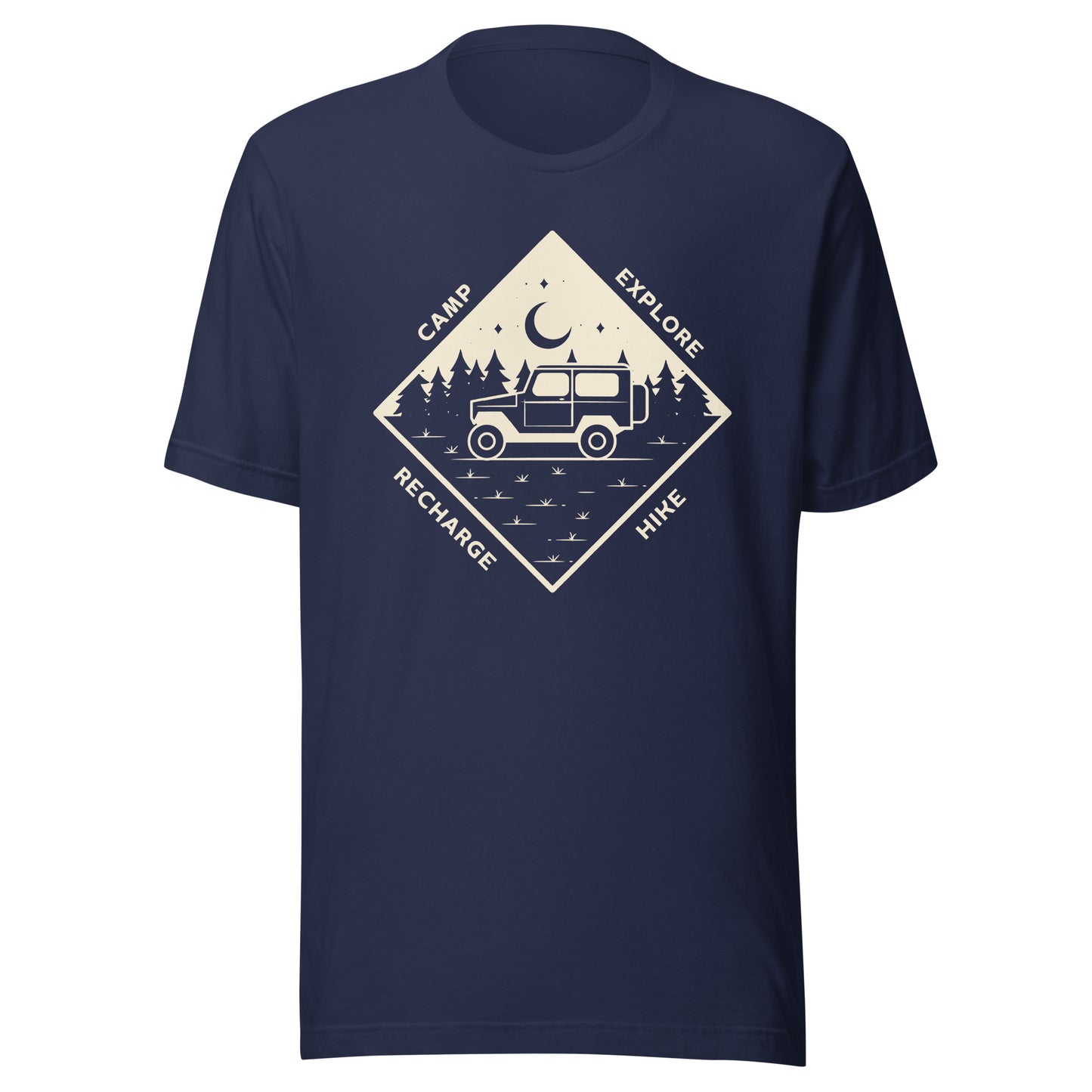 Unisex t-shirt 'Camp. Explore. Hike. Recharge'