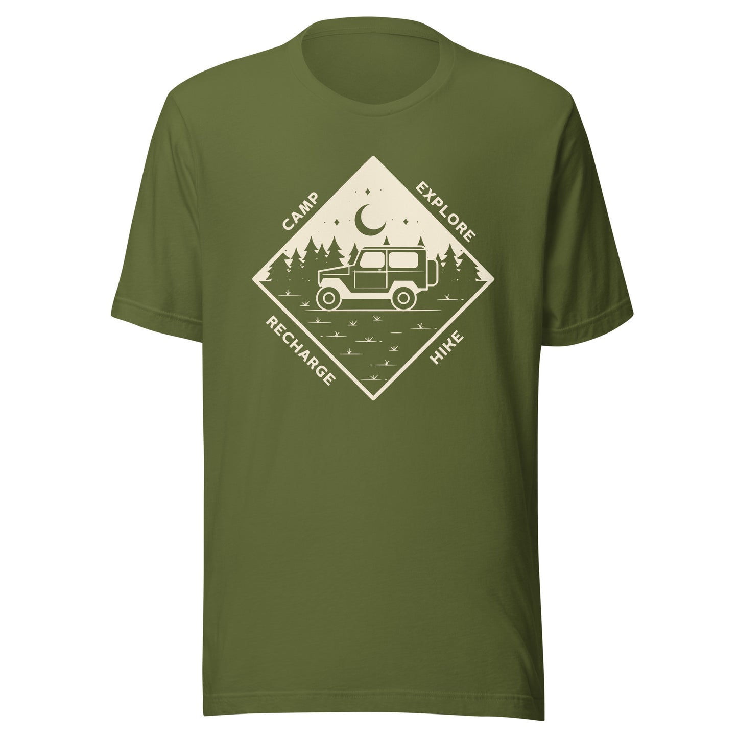 Unisex t-shirt 'Camp. Explore. Hike. Recharge'