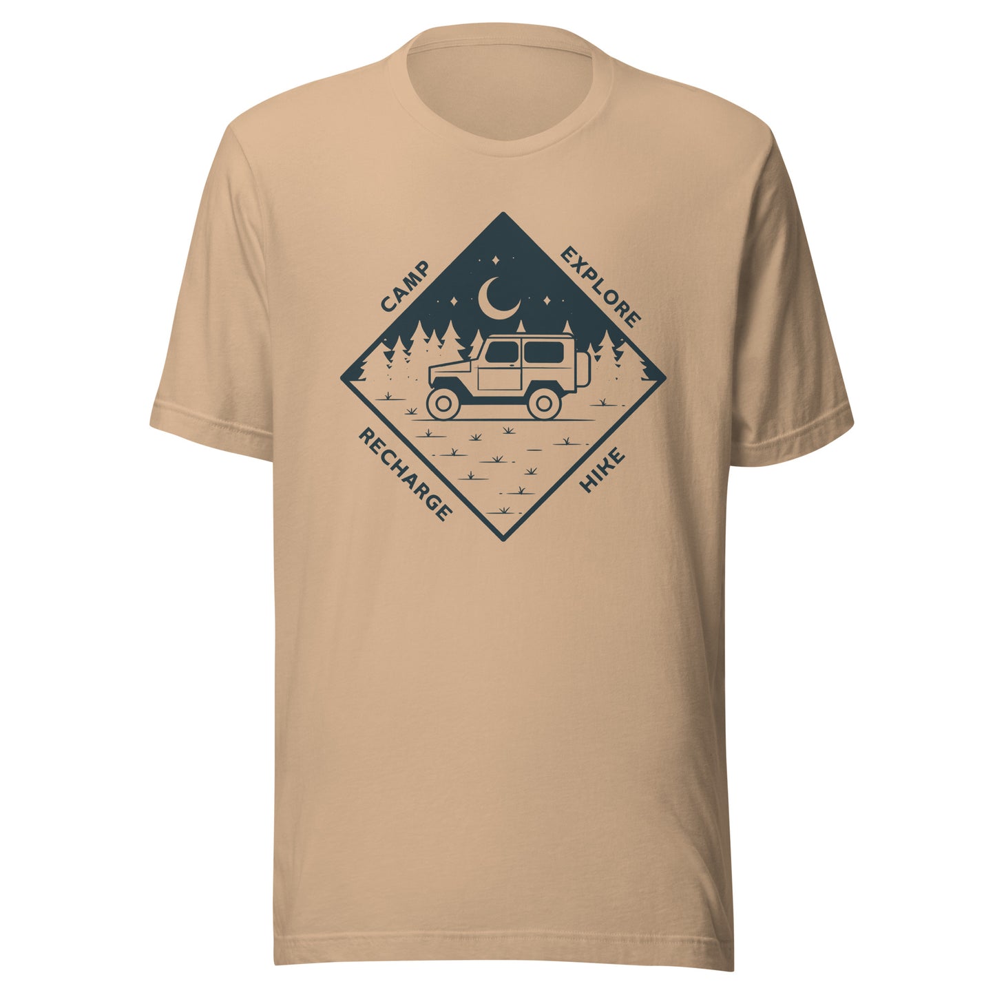 Unisex t-shirt 'Camp. Explore. Hike. Recharge'
