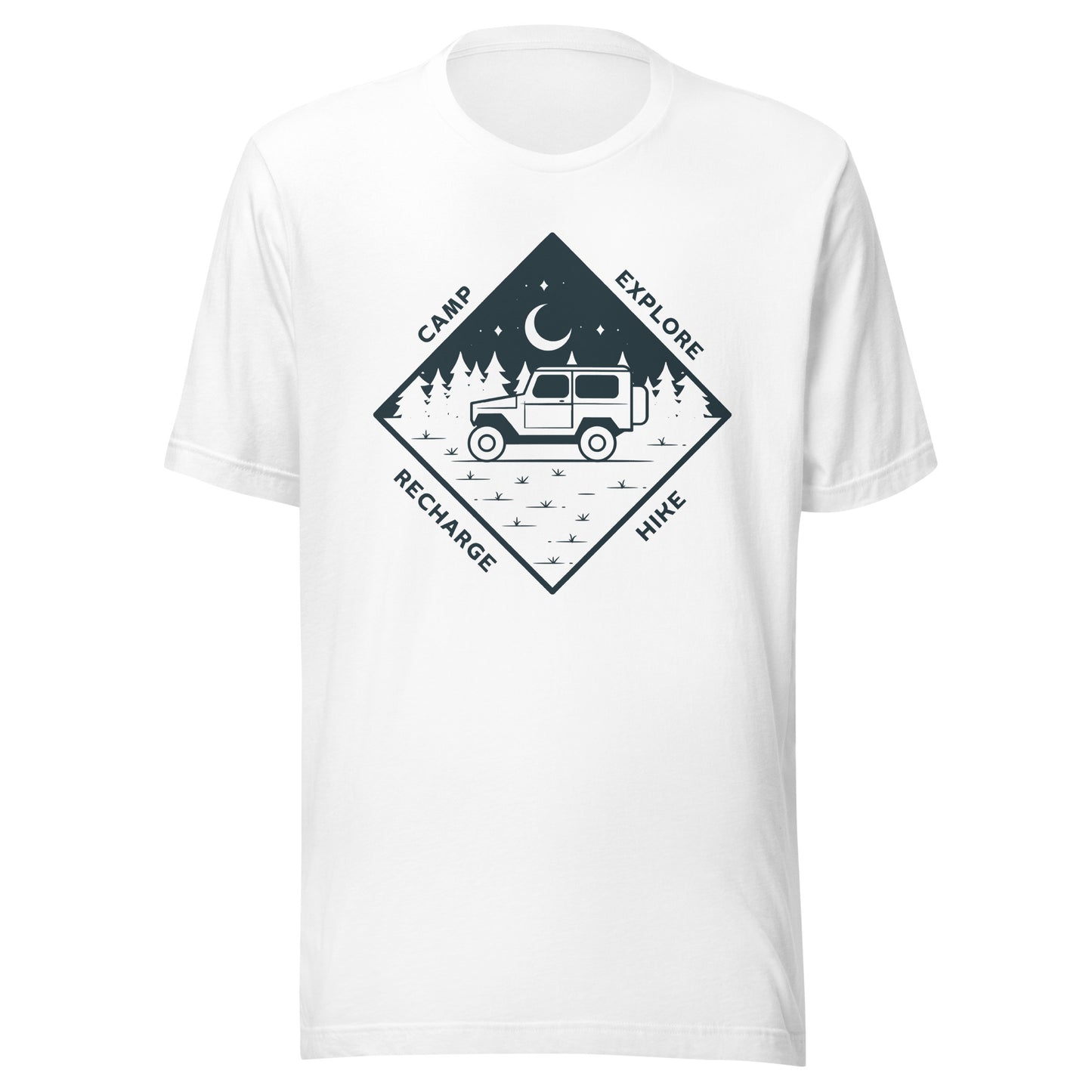 Unisex t-shirt 'Camp. Explore. Hike. Recharge'